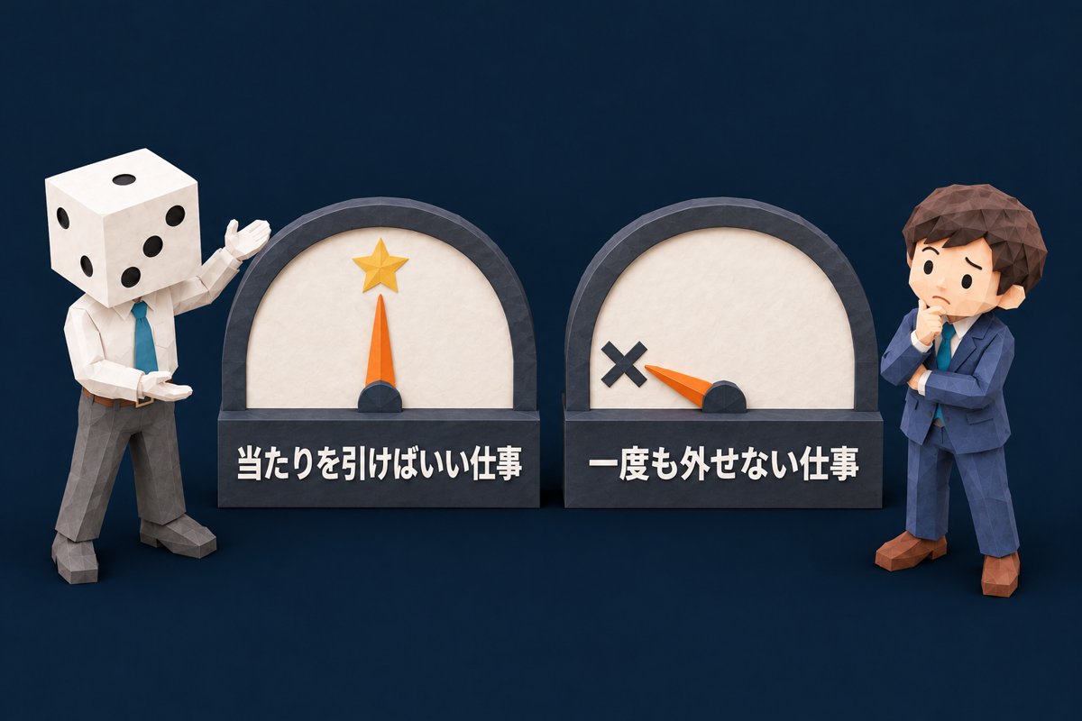 「仕事は2種類しかない ― 当たりを引けばいい仕事と、一度も外せない仕事」を表したイラスト